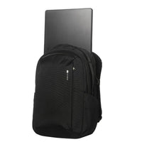 Black backpack with a laptop on a white background