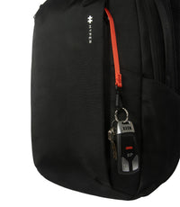 Black backpack with a red zipper and keychain attached, featuring the 'HYPER' brand.