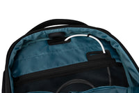 Open teal backpack showing interior compartments on a white background