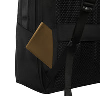 Black backpack with a brown patch on a white background