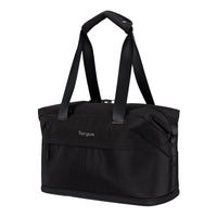 A black Targus tote bag with dual shoulder straps and a top carry handle, shown from a three-quarter angle on a solid white background.