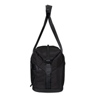 A black cylindrical shoulder bag with a wide adjustable strap, shown against a plain white background.
