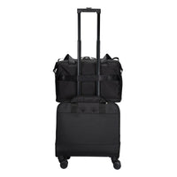 A black rolling duffel bag stacked on top of a black rolling suitcase with an extended telescoping handle, shown against a plain white background.