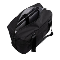 A black nylon duffel bag with an open top zipper, showing a gray interior lining and a laptop inside, photographed on a solid white background.