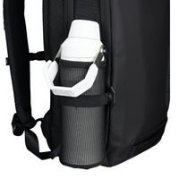 Black backpack with a water bottle holder on a white background