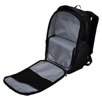 Black backpack with a gray interior on a white background