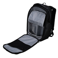 Black backpack with open front compartment on a white background