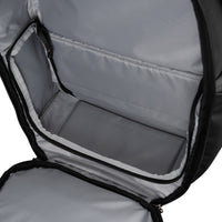 Black backpack interior with open front compartment on a white background