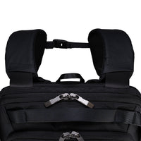 Black backpack with straps on a white background