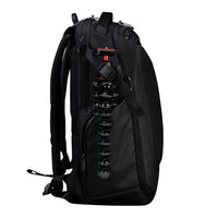 Black backpack with visible straps and compartments on a white background