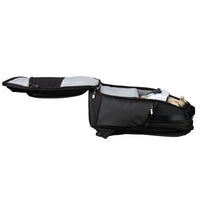 Black backpack with open compartment on a white background