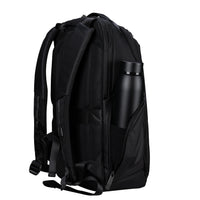 Black backpack with water bottle holder on a white background