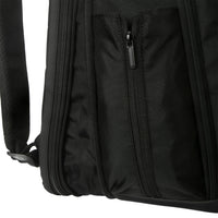 Close-up of a black backpack with zippers on a white background