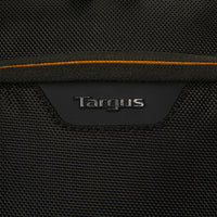 Close-up of a black Targus laptop bag with orange stitching detail.