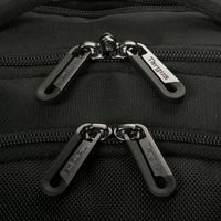 Close-up of a black bag with zipper pulls and 'TARGUS' branding.