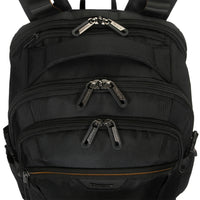 Black backpack with multiple zippers on a white background
