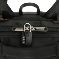 Black backpack with a combination lock securing zippers on a white background