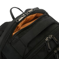 Black backpack with multiple zippers on a white background