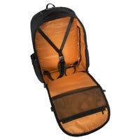 black backpack open to see orange lining and detail