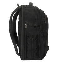 Black backpack with multiple zippers on a white background