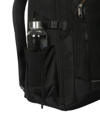 Black backpack with a water bottle in a front pocket on a white background