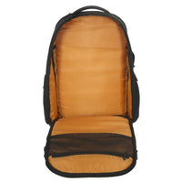 black backpack open to see orange lining and inside pockets
