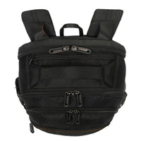 Black backpack with multiple zippers on a white background