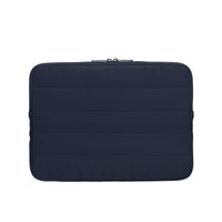 Navy blue laptop sleeve with horizontal stitching on a white background