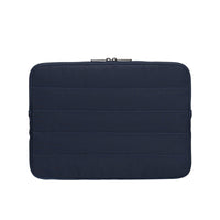Navy blue laptop sleeve with horizontal stitching on a white background