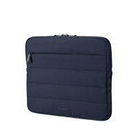 Navy blue laptop sleeve with a zipper on a white background