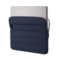 Navy blue laptop sleeve with Targus branding on a white background