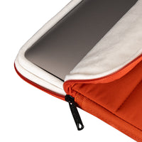 Close-up of a orange zippered pouch with a phone inside on a white bac