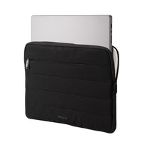 Black laptop sleeve with a silver laptop inside on a white background