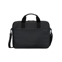 Black laptop bag with shoulder strap on a white background
