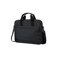 Black laptop bag with a shoulder strap on a white background