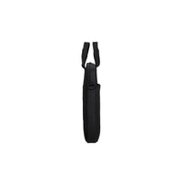 A black nylon shoulder bag shown from the side profile against a solid white background.