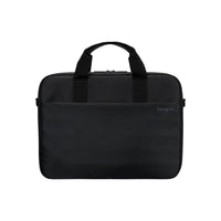 A black Targus laptop sleeve with dual top handles, a front slip pocket, and a small silver Targus logo on the right side, shown against a plain white background.