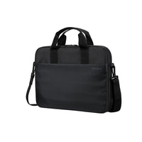Black laptop bag with shoulder strap on a white background