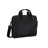 Black briefcase with shoulder strap on a white background