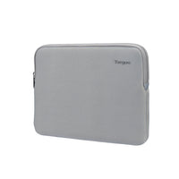 A light gray neoprene laptop sleeve with a top zipper and the Targus logo printed in black on the upper right, shown on a plain white background.