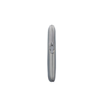 A slim, light gray zippered pouch shown from a side profile view against a plain white background.