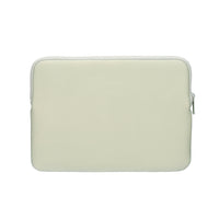 A light sage green neoprene laptop sleeve with a silver zipper, shown flat against a solid white background.
