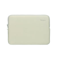 Green laptop sleeve with a brand logo on a white background