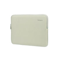 A light sage green neoprene laptop sleeve with a zipper closure and a small 'Targus' brand logo on the upper right, shown against a plain white background.