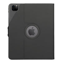 A dark gray protective iPad case with a circular cutout in the center showing the Apple logo, displayed on a clean white background.