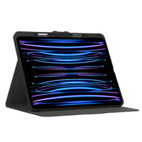 Tablet with a colorful display in a black case on a white background