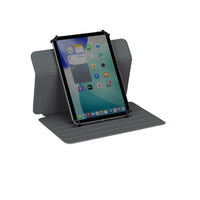 Gray tablet stand holding a tablet with a white background