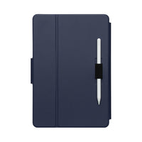 Navy blue table case with a pen on a white background