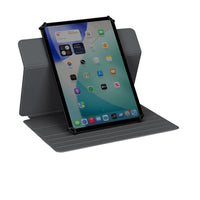 Tablet device with a black folio case on a white background