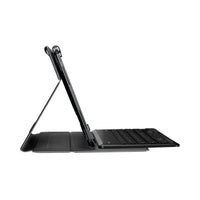 Black tablet keyboard case with stylus on a white background